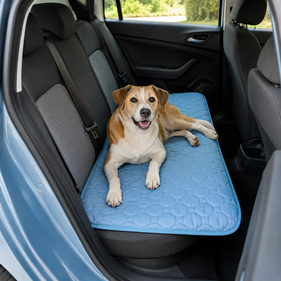 Hund liegt auf einer blauen Kühlmatte auf der Rückbank eines Autos