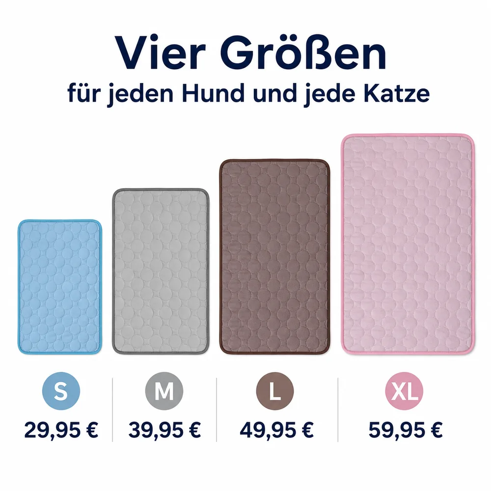Vier Größen der Frimouf Ice Kühlmatte mit Preisen von 29,95 bis 59,95 Euro