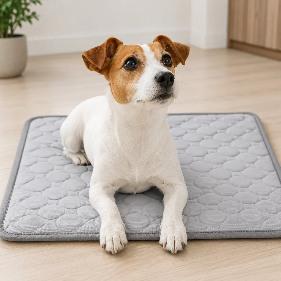 Jack Russell Terrier sitzt aufgerichtet auf einer grauen Frimouf Ice Kühlmatte im Wohnzimmer