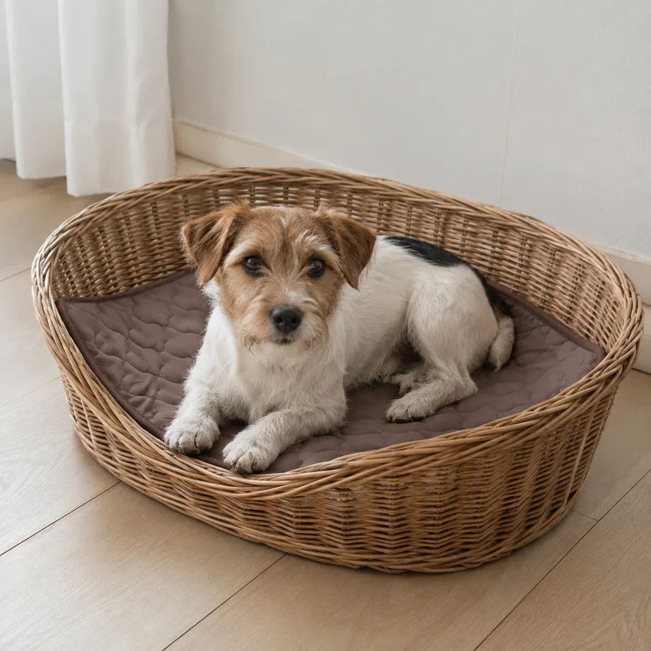 Kühlmatte in ein Korbbett gelegt, kleiner Hund liegt darauf