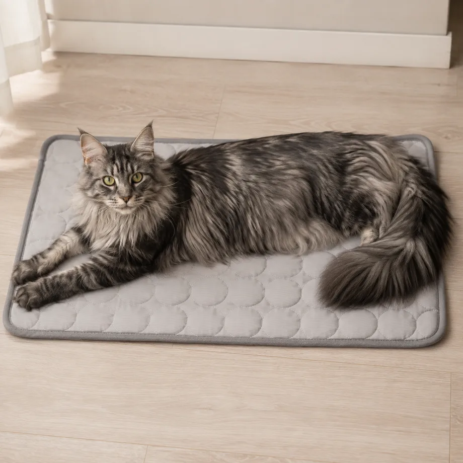 Maine Coon liegt auf einer grauen Kühlmatte, die Matte ist gerade groß genug