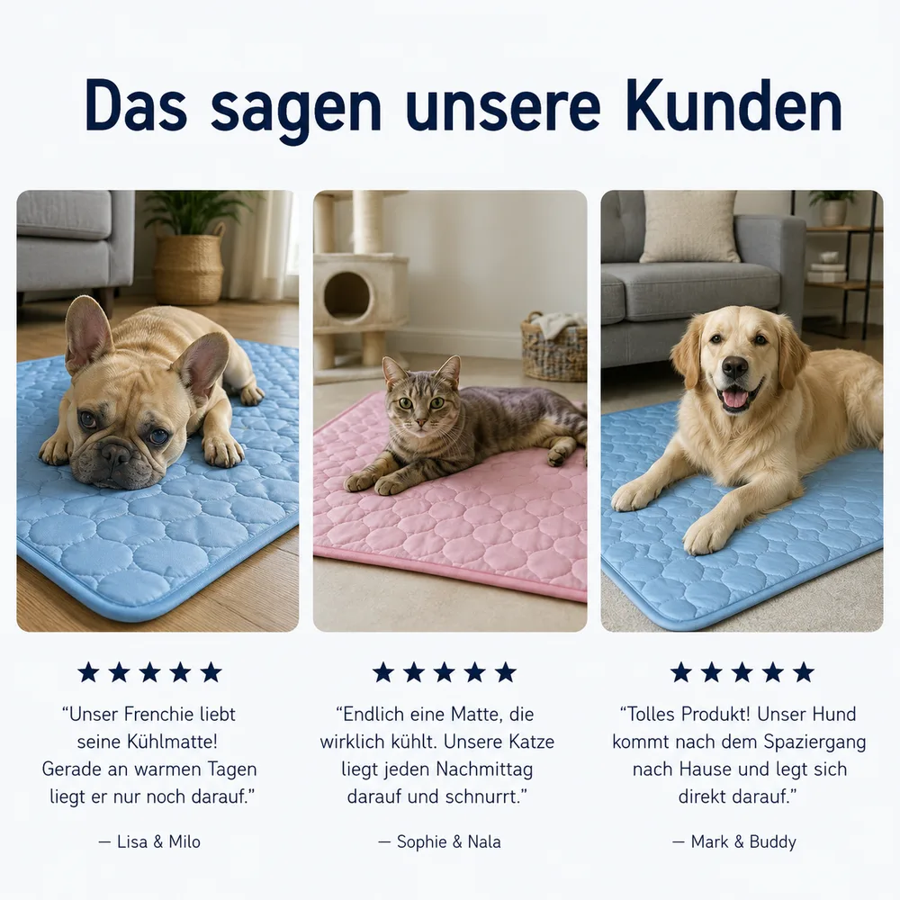 Drei Kundenstimmen zur Frimouf Ice Kühlmatte, mit Hund und Katze auf der Matte