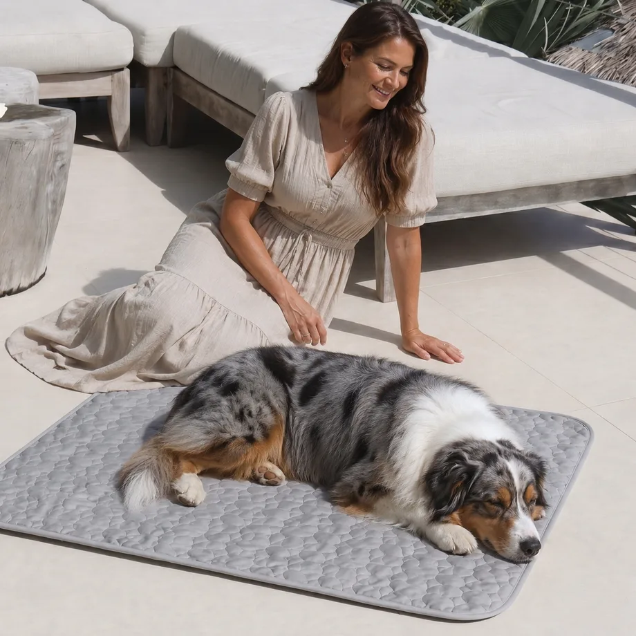 Australian Shepherd liegt auf einer grauen Kühlmatte auf der Terrasse, daneben seine Halterin